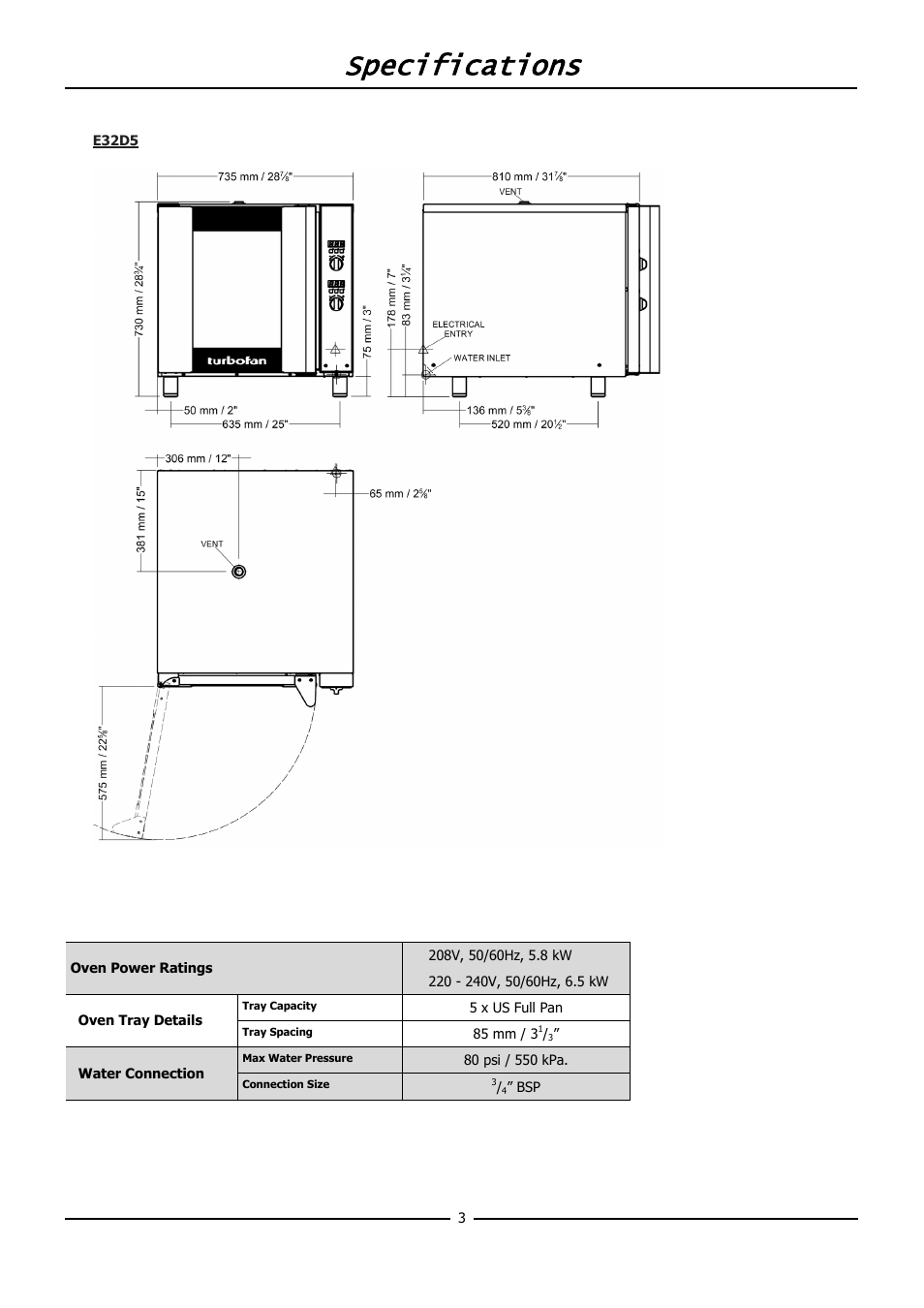 Specifications | Moffat BLUE SEAL E32D5 User Manual | Page 5 / 22