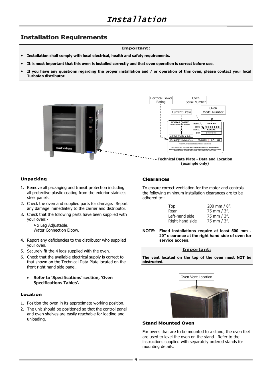 Installation, Installation requirements | Moffat BLUE SEAL E32D5 User Manual | Page 6 / 22
