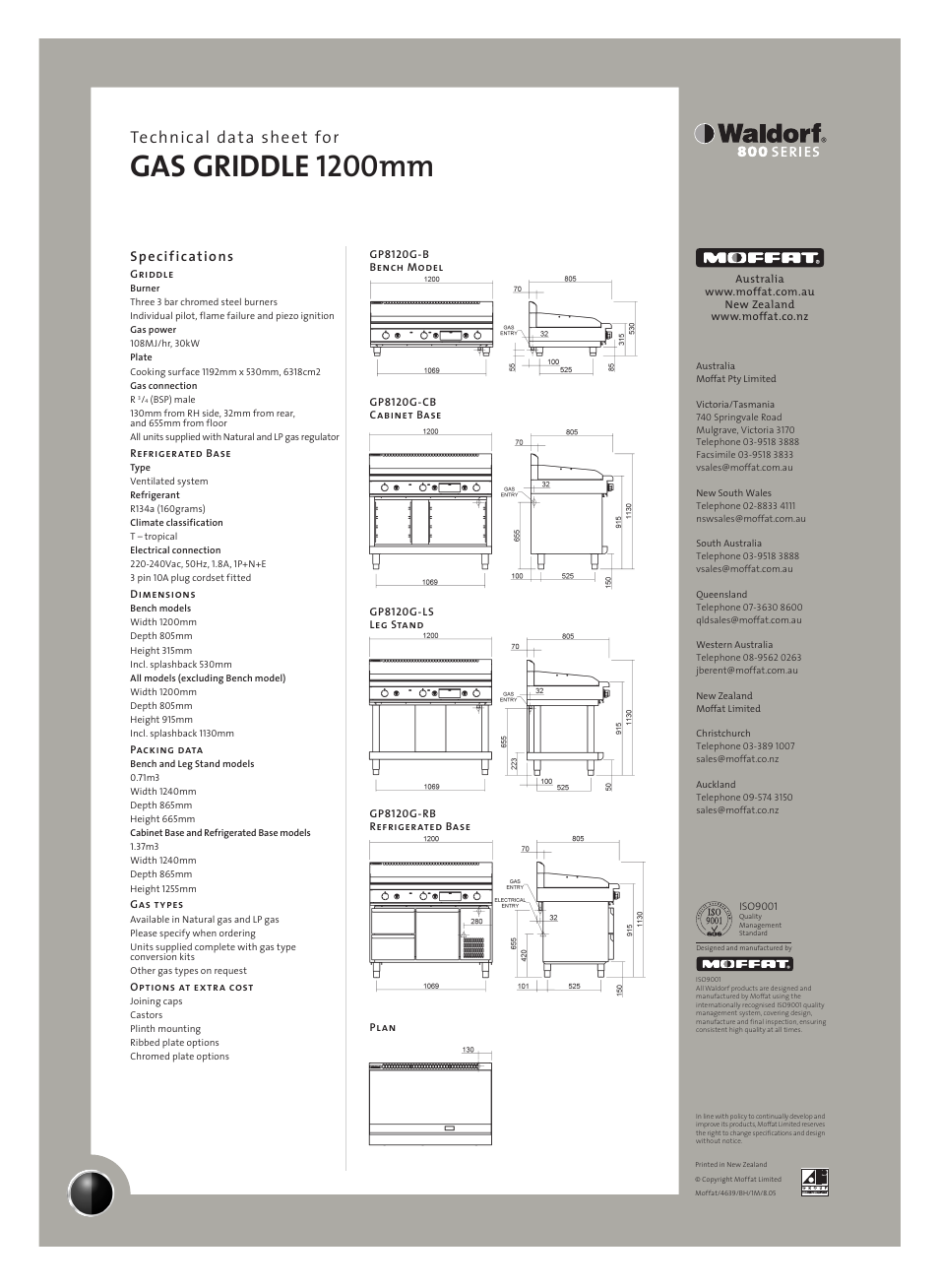 Gas griddle 1200mm, Technical data sheet for, Specifications | Moffat GP8120G-CB User Manual | Page 2 / 2