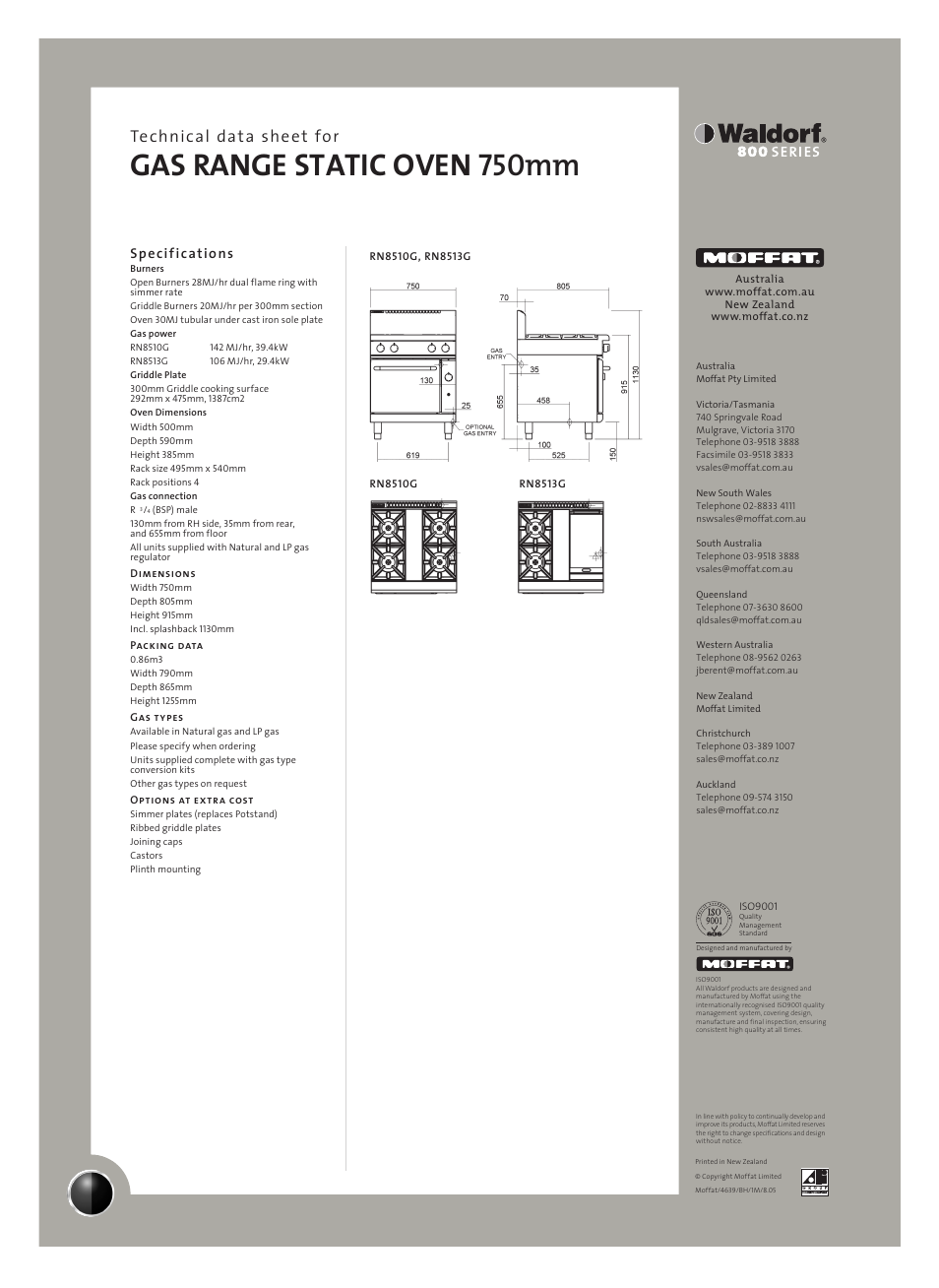 Gas range static oven 750mm, Technical data sheet for, Specifications | Moffat WALDORF RN8513G User Manual | Page 2 / 2