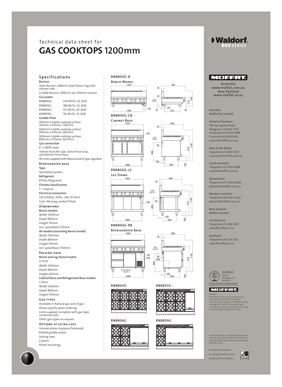 Gas cooktops 1200mm, Technical data sheet for, Specifications | Moffat RN8809G-RB User Manual | Page 2 / 2