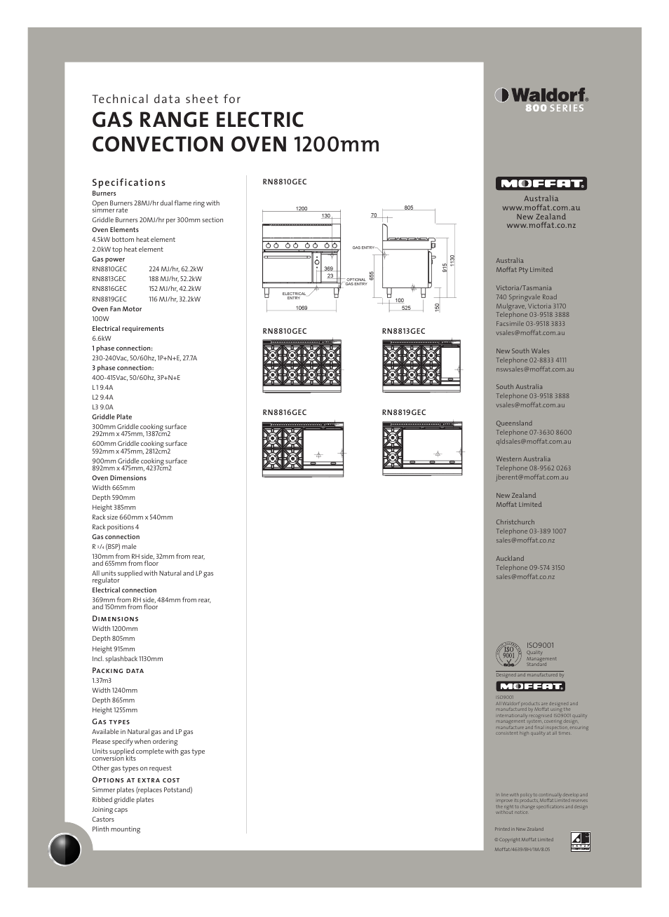 Gas range electric convection oven 1200mm, Technical data sheet for, Specifications | Moffat Waldorf RN8810GEC User Manual | Page 2 / 2