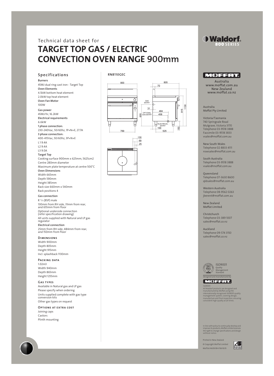 Technical data sheet for, Specifications | Moffat Waldorf RN8110GEC User Manual | Page 2 / 2