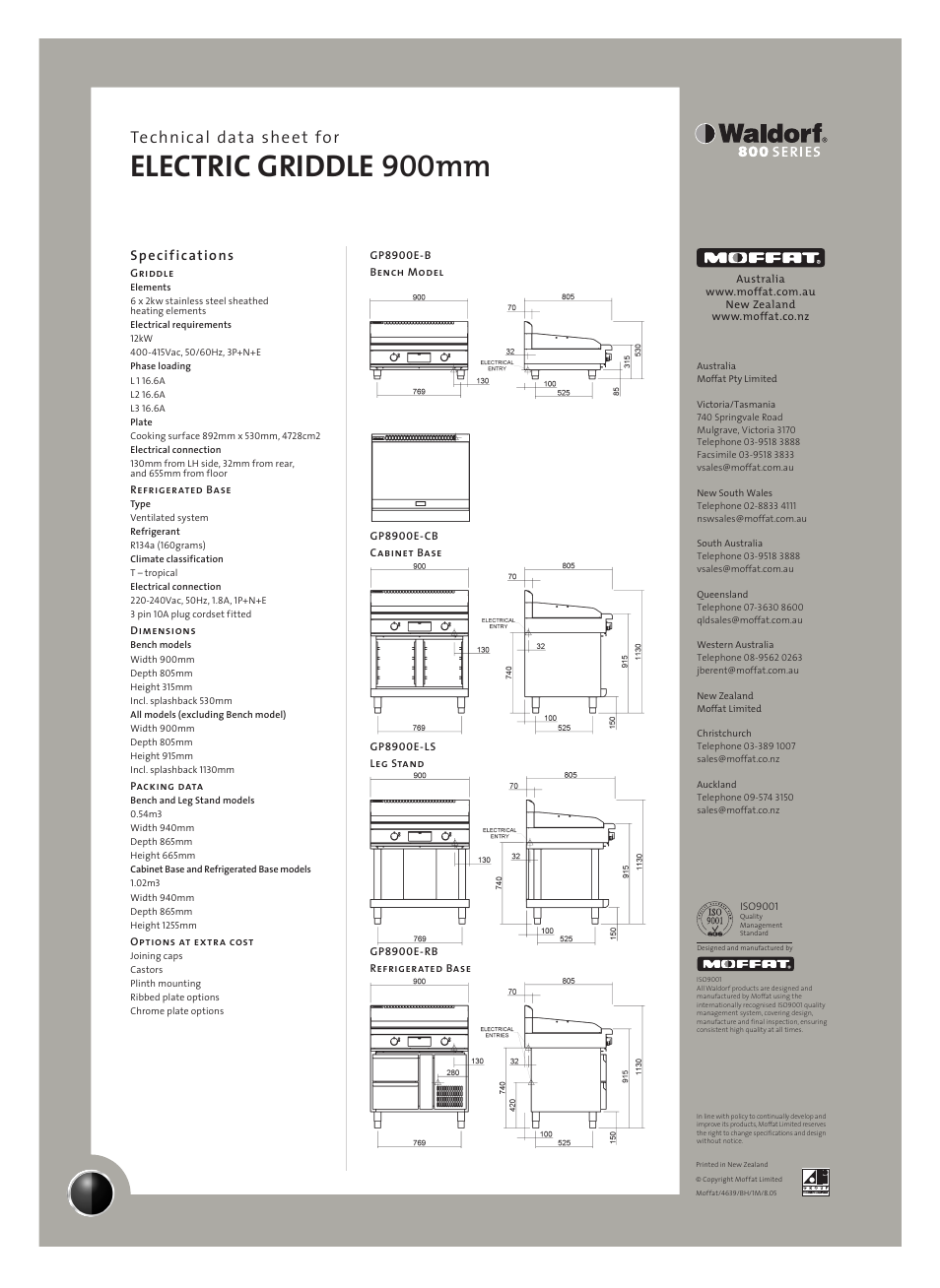 Electric griddle 900mm, Technical data sheet for, Specifications | Moffat GP8900E-B User Manual | Page 2 / 2