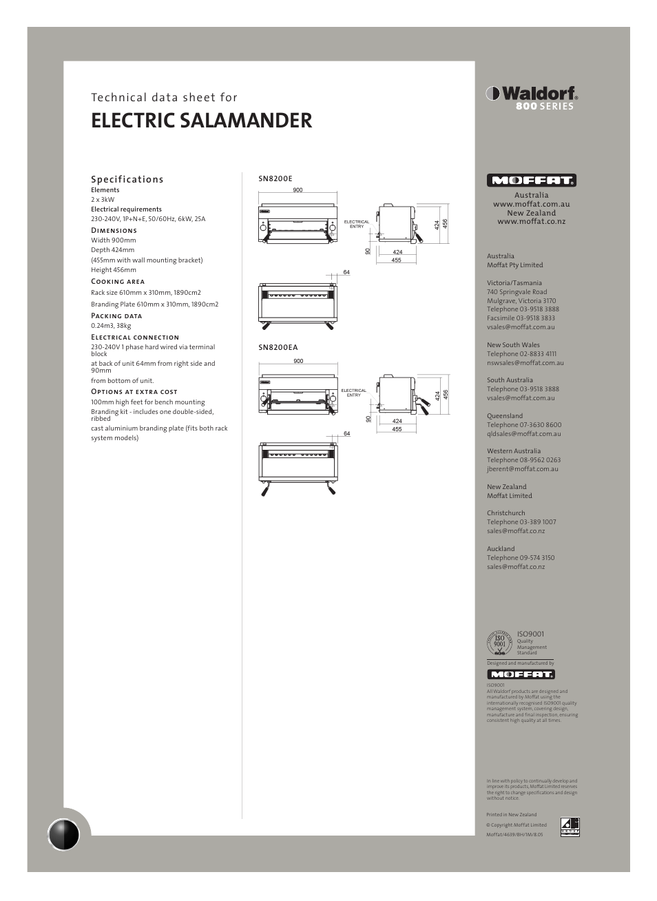 Electric salamander, Technical data sheet for, Specifications | Moffat Waldorf SN8200E User Manual | Page 2 / 2