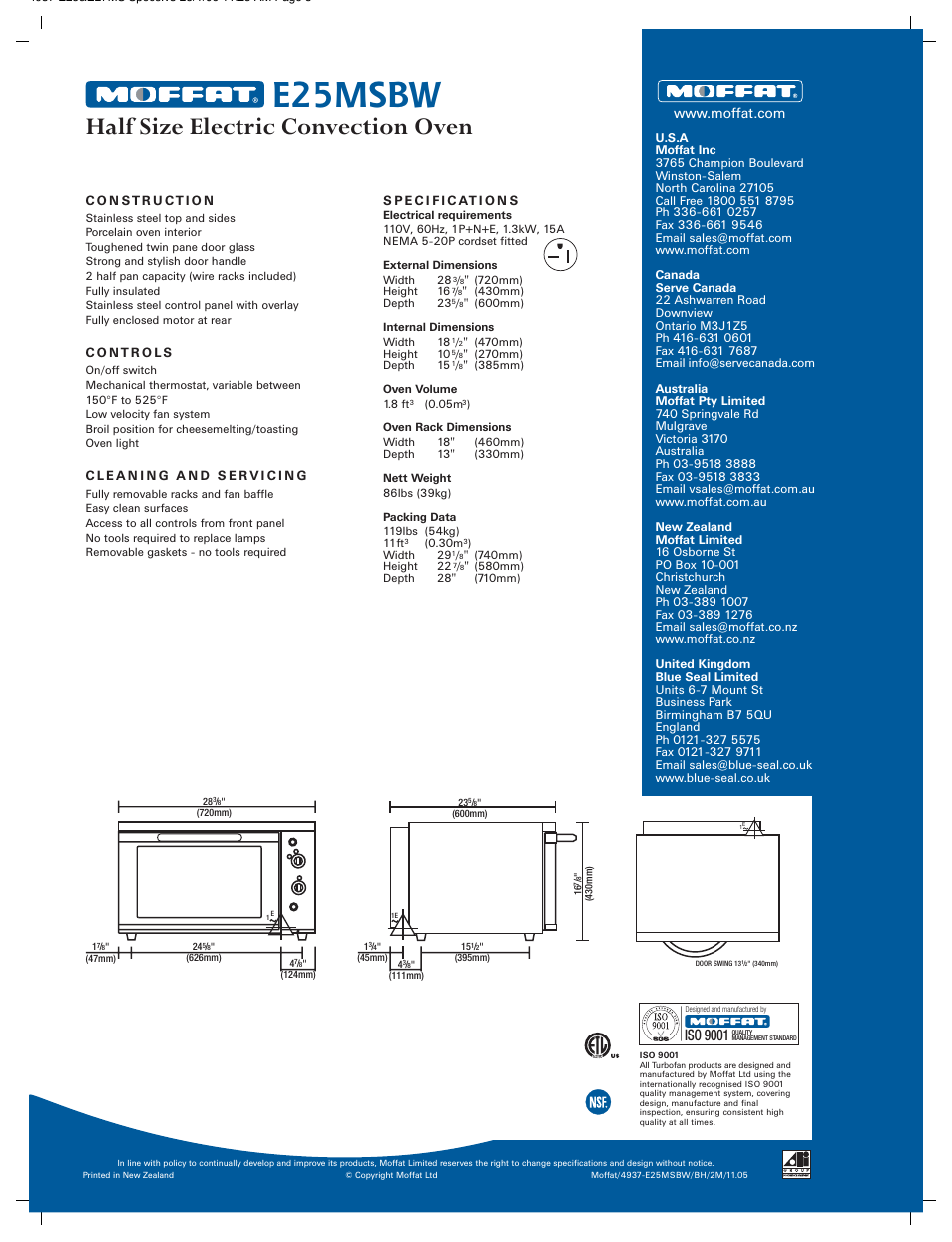 E25msbw, Half size electric convection oven, Iso 9001 | Moffat E25MSBW User Manual | Page 2 / 2