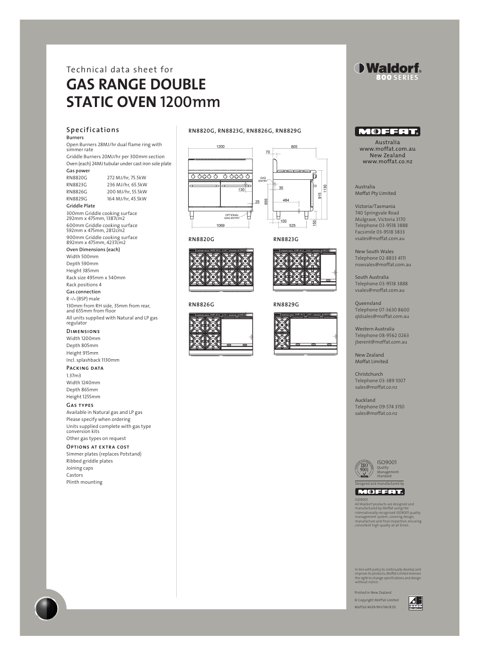 Gas range double static oven 1200mm, Technical data sheet for, Specifications | Moffat Waldorf RN8820G User Manual | Page 2 / 2
