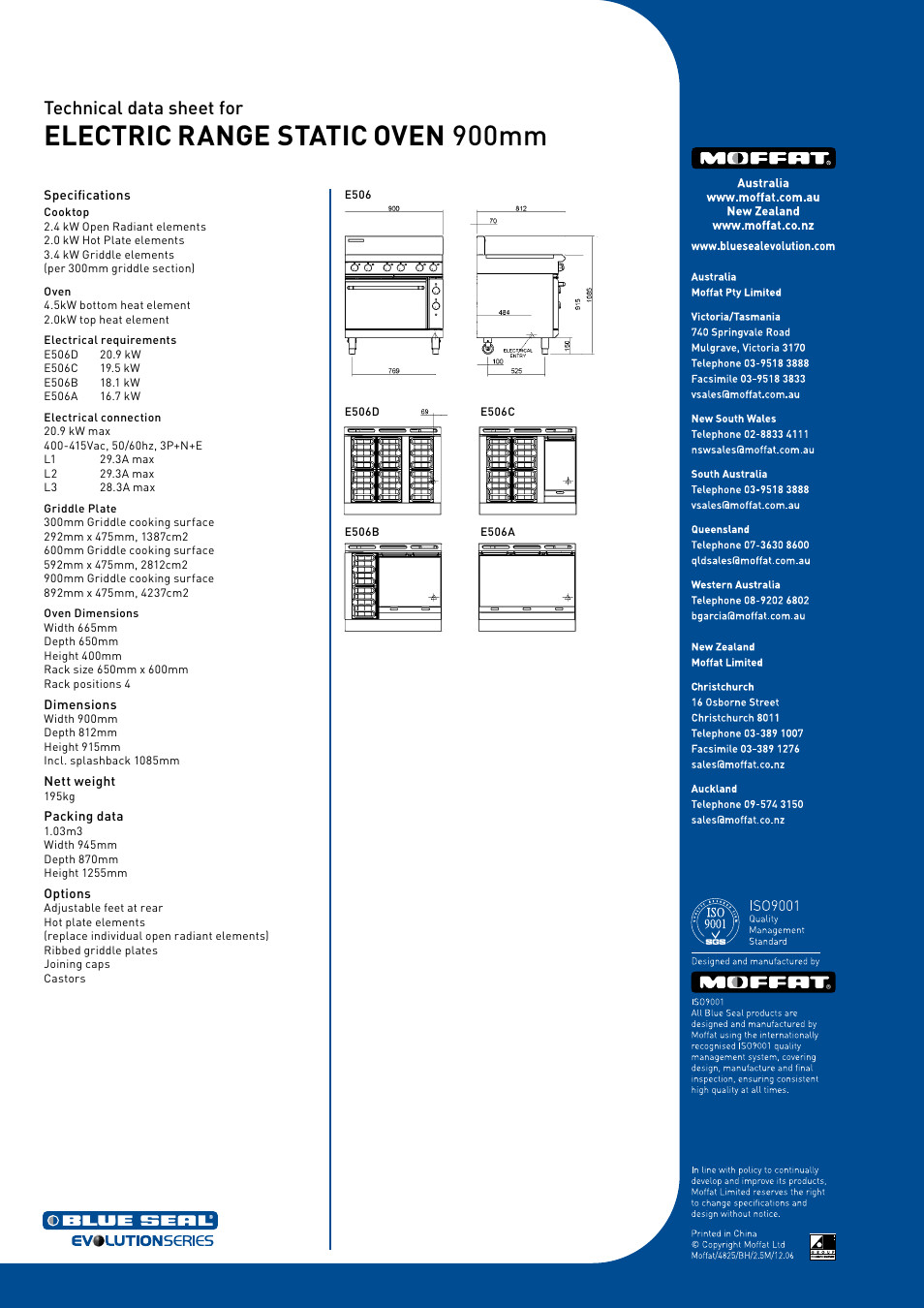 Electric range static oven 900mm, Technical data sheet for | Moffat E506B User Manual | Page 2 / 2