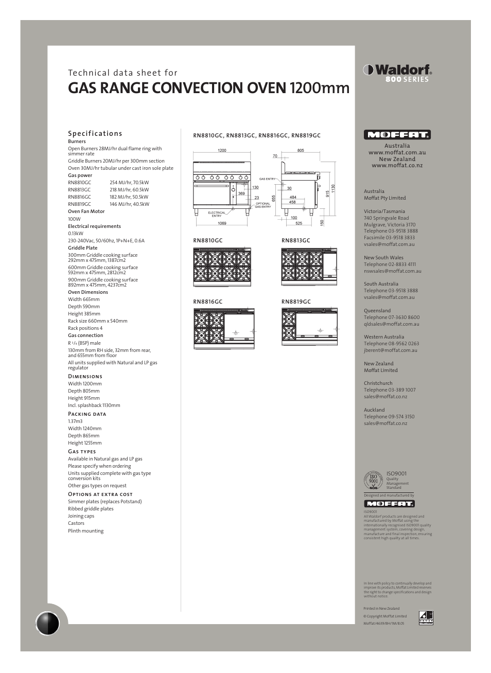 Gas range convection oven 1200mm, Technical data sheet for, Specifications | Moffat RN8816GC User Manual | Page 2 / 2