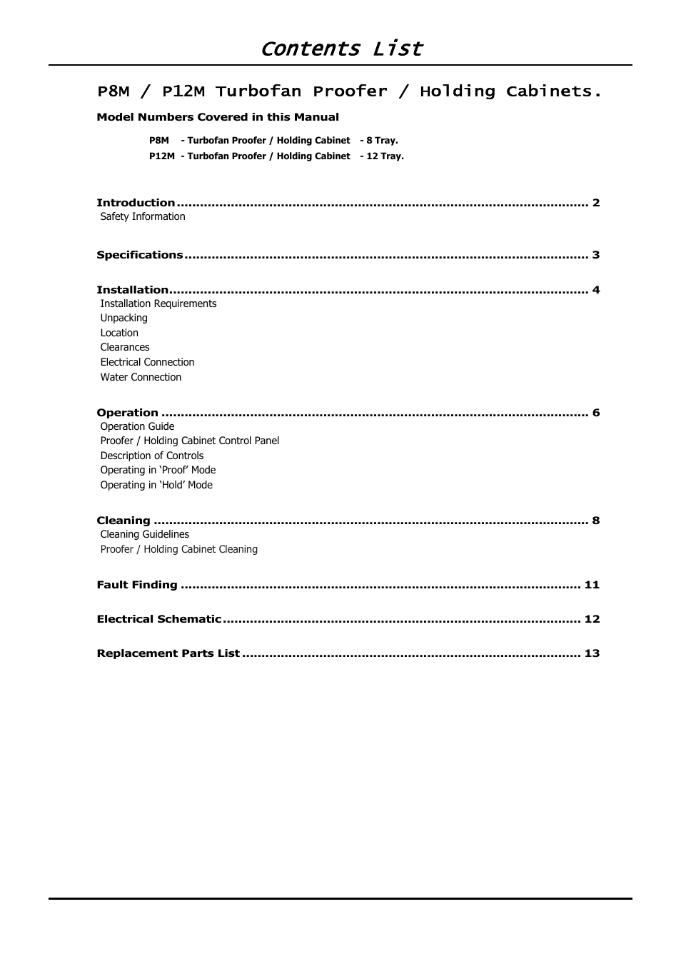 Contents list, P8m / p12m turbofan proofer / holding cabinets | Moffat TURBOFAN P12M User Manual | Page 3 / 16