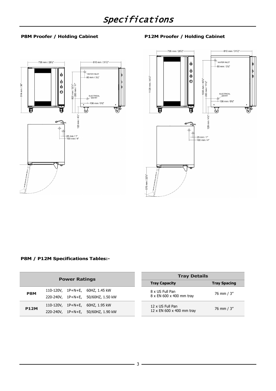 Specifications | Moffat TURBOFAN P12M User Manual | Page 5 / 16