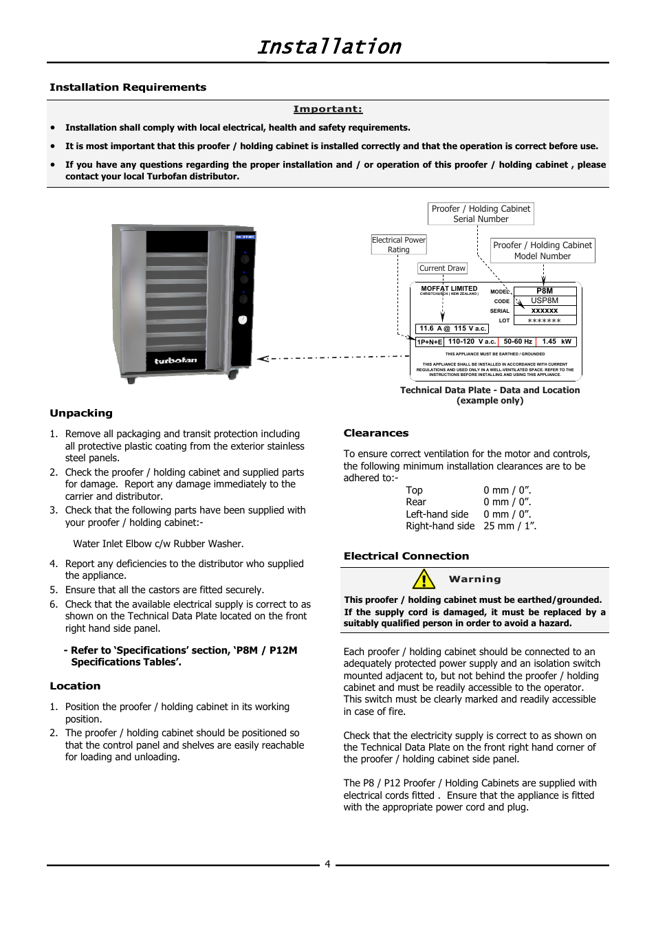 Installation | Moffat TURBOFAN P12M User Manual | Page 6 / 16
