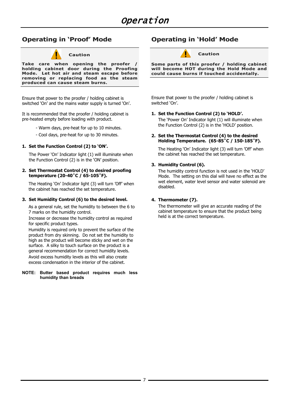 Operation, Operating in ‘proof’ mode, Operating in ‘hold’ mode | Moffat TURBOFAN P12M User Manual | Page 9 / 16