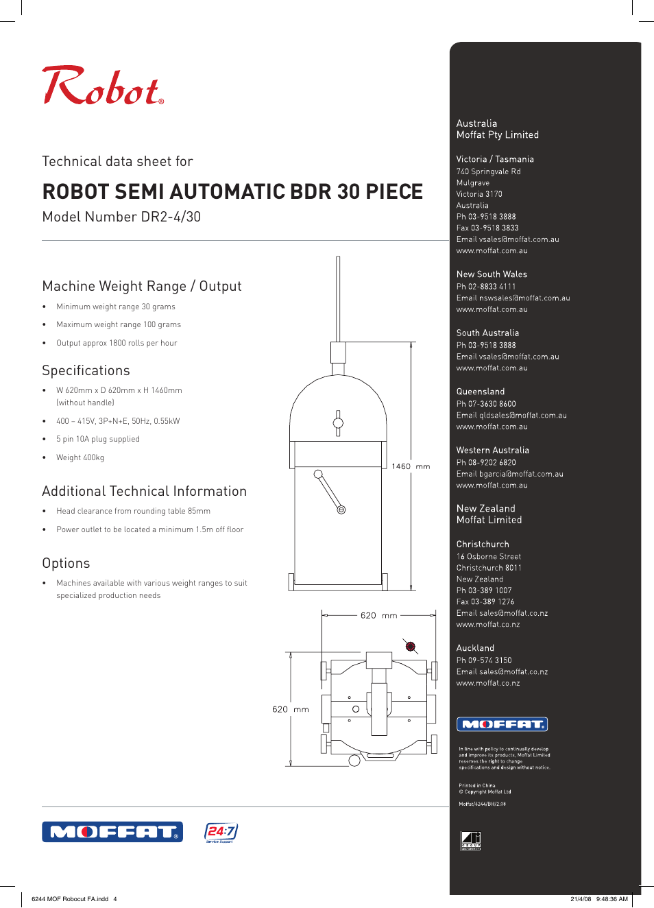 Robot semi automatic bdr 30 piece, Machine weight range / output, Specifications | Additional technical information, Options, Technical data sheet for, Model number dr2-4/30 | Moffat Robot Semi Automatic BDR 30 Piece DR2-4/30 User Manual | Page 2 / 2