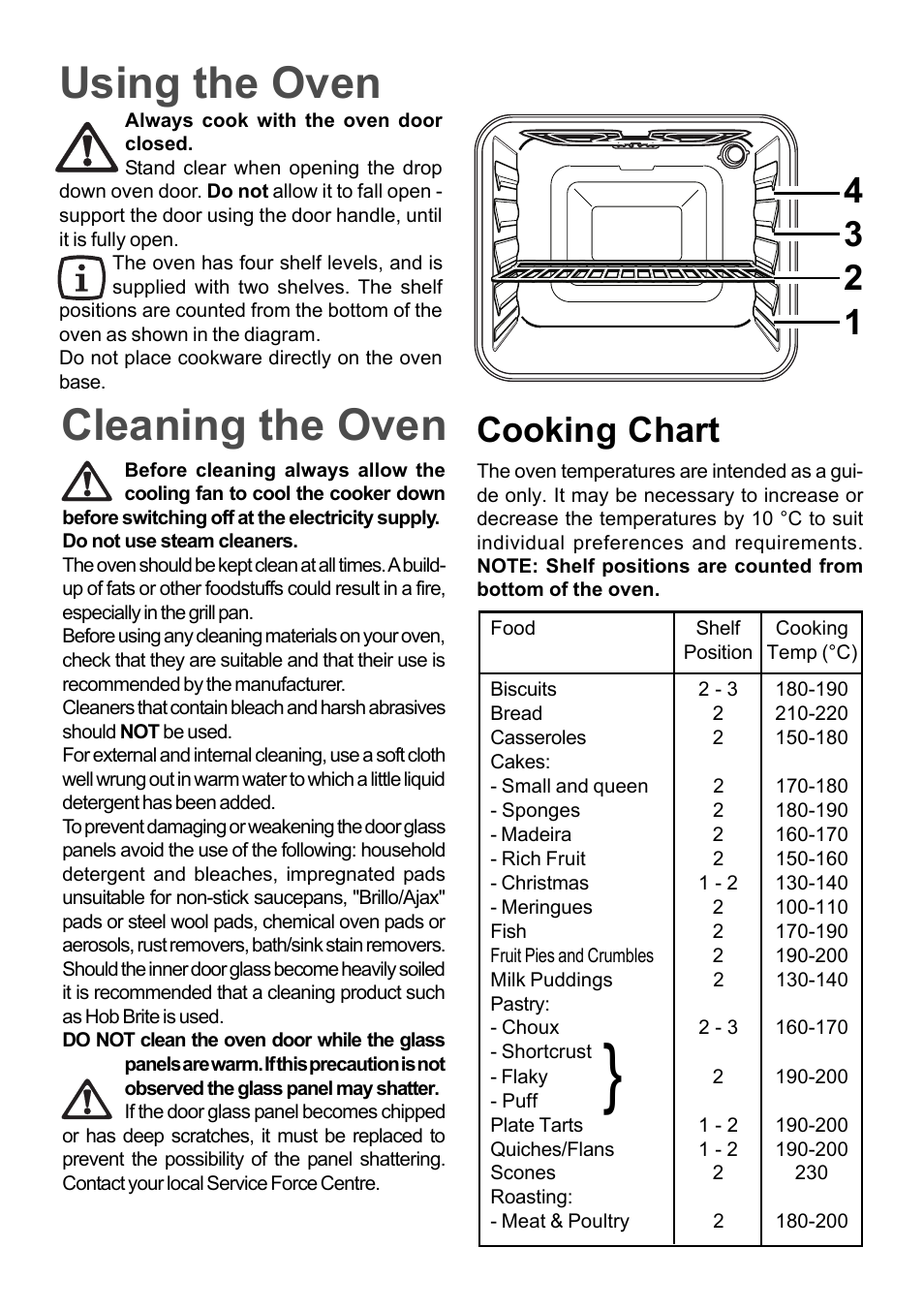 Using the oven, Cleaning the oven, Cooking chart | Moffat MSS 600 User Manual | Page 4 / 8