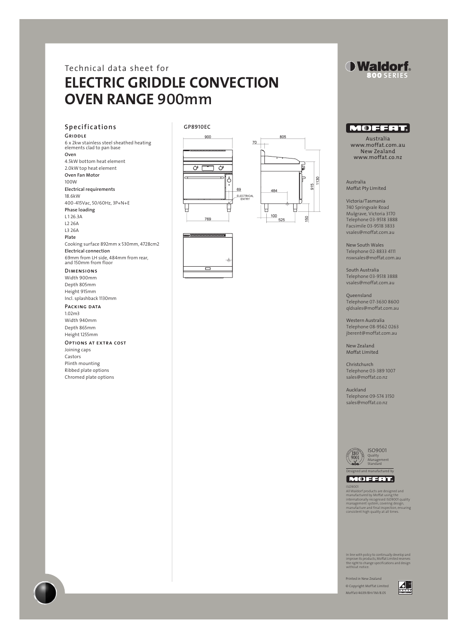 Electric griddle convection oven range 900mm, Technical data sheet for, Specifications | Moffat Waldorf 800 series User Manual | Page 2 / 2