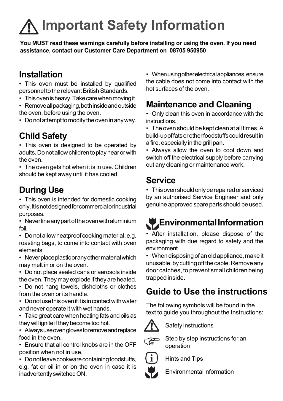 Important safety information, Guide to use the instructions, Installation | Child safety, During use, Maintenance and cleaning, Service, Environmental information | Moffat MSF 615 User Manual | Page 2 / 12
