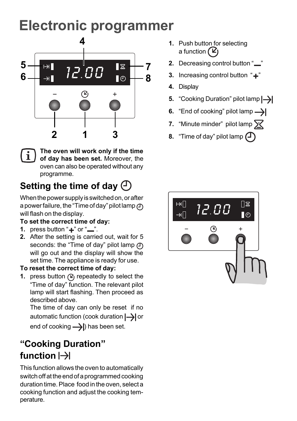 Electronic programmer, Setting the time of day, Cooking duration” function | Moffat MSF 615 User Manual | Page 4 / 12