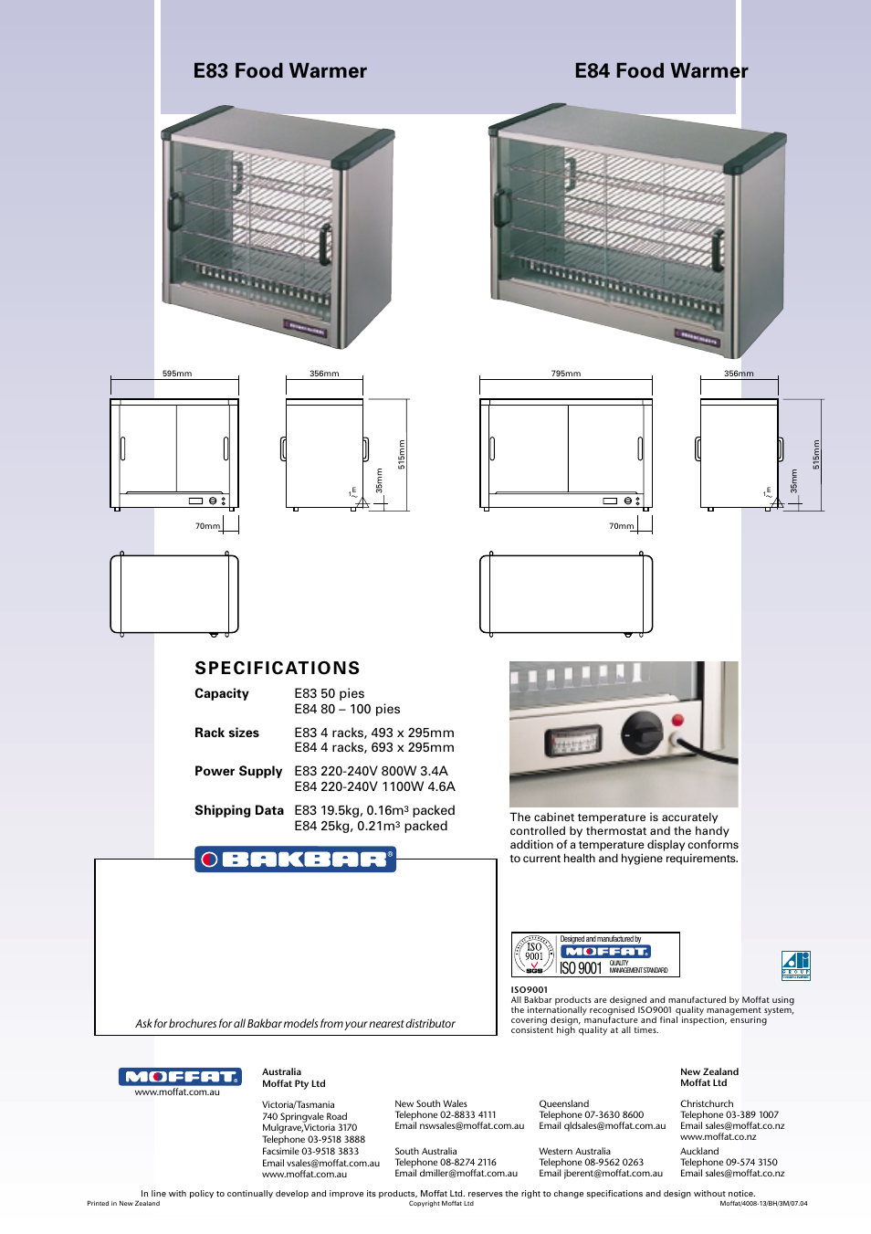 E83 food warmer e84 food warmer, Iso 9001 | Moffat E84 User Manual | Page 2 / 2