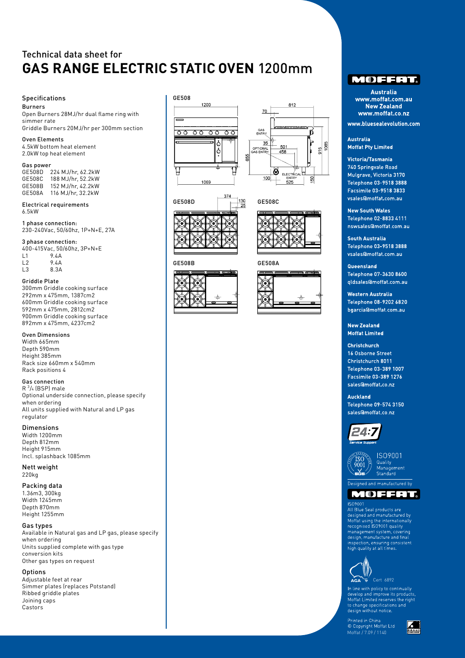 Gas range electric static oven 1200mm, Technical data sheet for | Moffat Blue Seal Evolution Series GE508C User Manual | Page 2 / 2