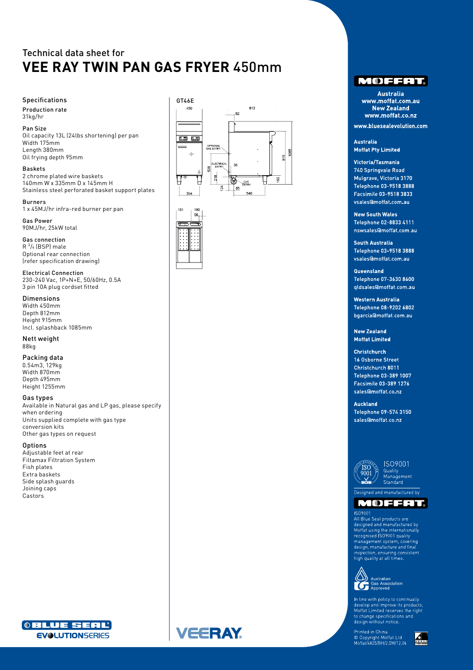 Vee ray twin pan gas fryer 450mm, Technical data sheet for | Moffat Blue Seal GT46E User Manual | Page 2 / 2