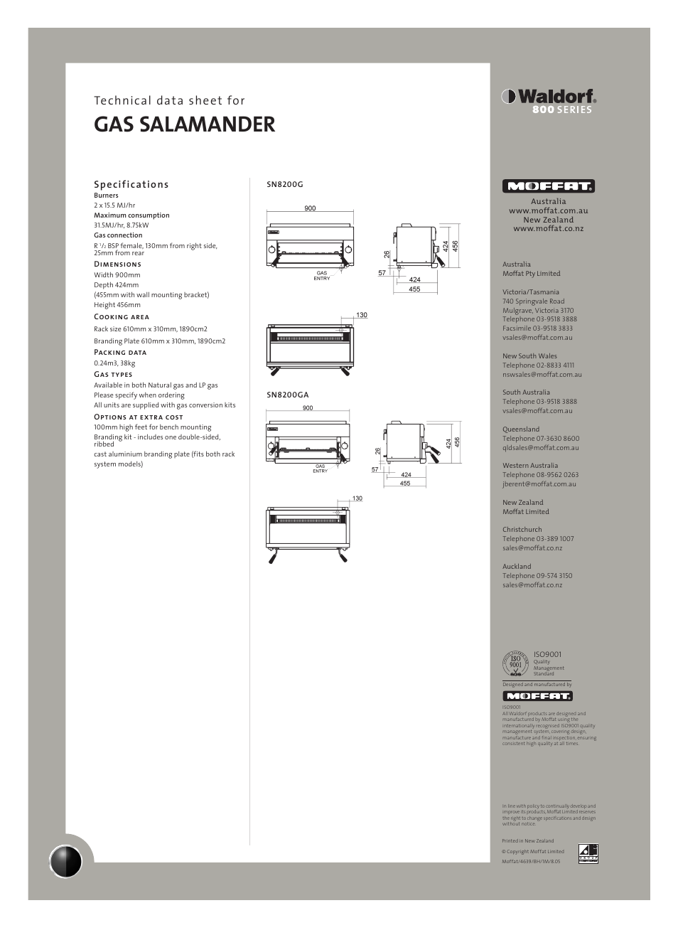Gas salamander, Technical data sheet for, Specifications | Moffat Waldorf SN8200G User Manual | Page 2 / 2