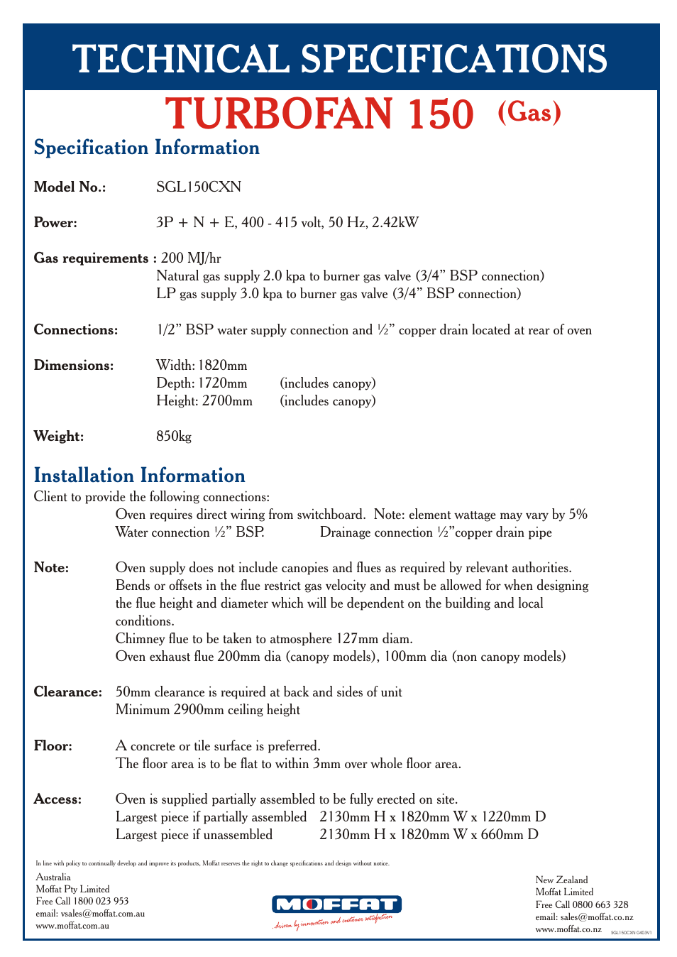 Moffat Turbofan 150 User Manual | 2 pages