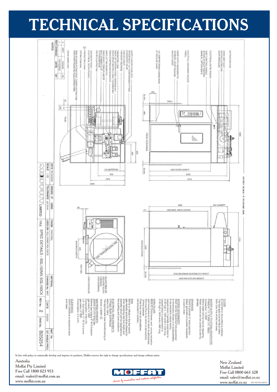 Technical specifications | Moffat Turbofan 150 User Manual | Page 2 / 2