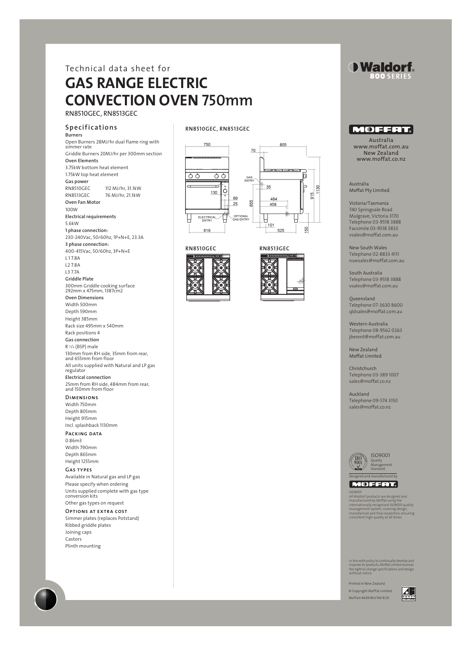 Gas range electric convection oven 750mm, Technical data sheet for | Moffat RN8513GEC User Manual | Page 2 / 2