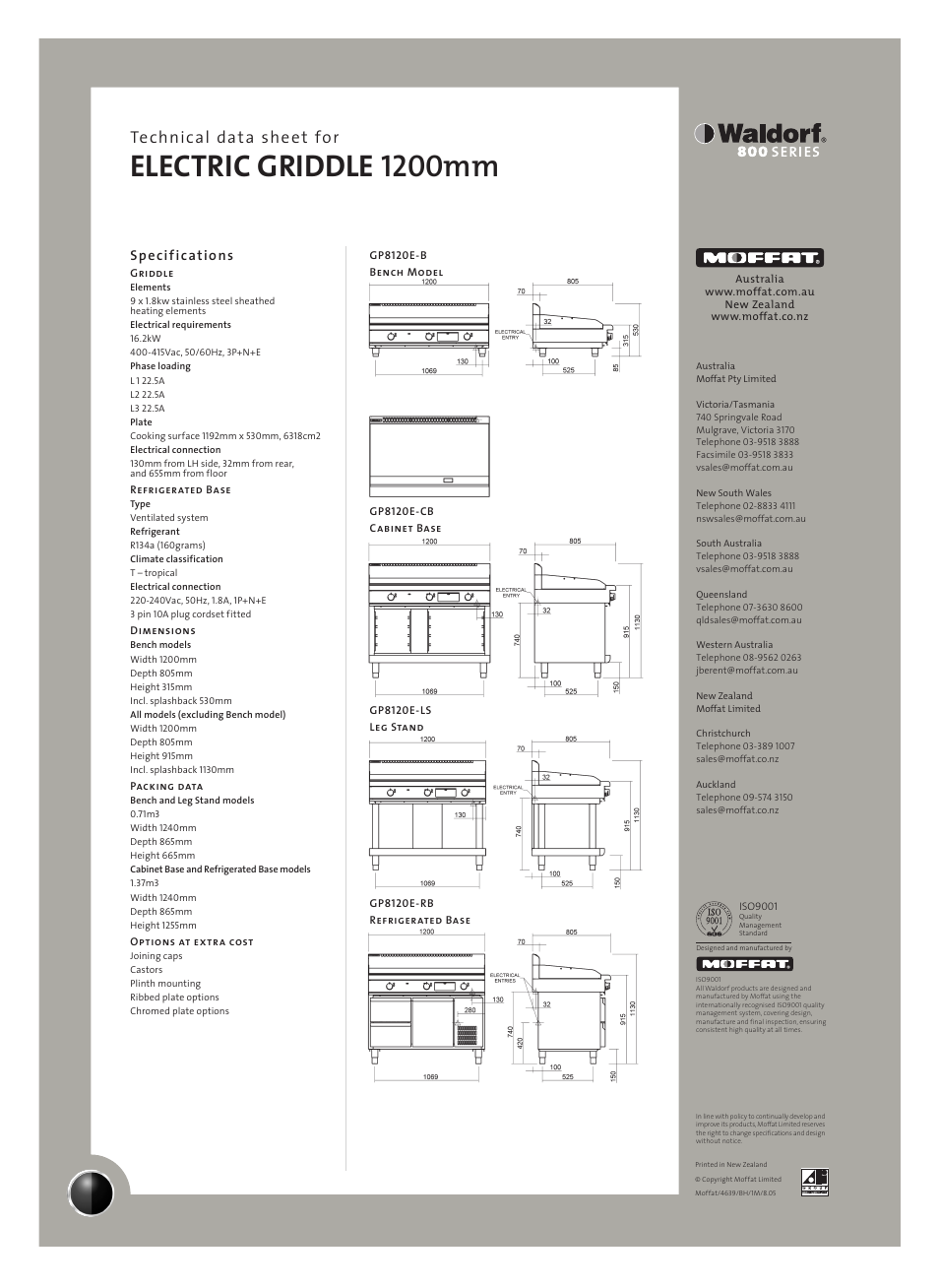 Electric griddle 1200mm, Technical data sheet for, Specifications | Moffat GP8120E-CB User Manual | Page 2 / 2
