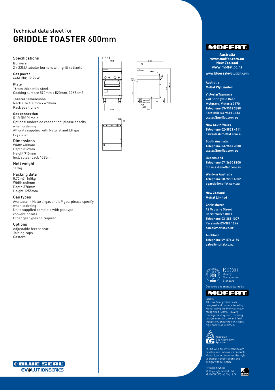Griddle toaster 600mm, Technical data sheet for | Moffat Blue Seal G55T User Manual | Page 2 / 2