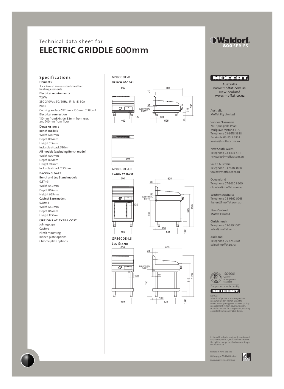 Electric griddle 600mm, Technical data sheet for, Specifications | Moffat Waldorf GP8600E-CB User Manual | Page 2 / 2