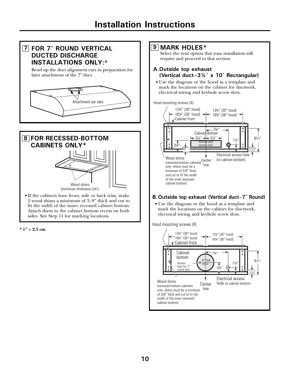 Installation instructions, For recessed-bottom cabinets only, Mark holes | A.outside top exhaust (vertical duct–3, X 10, Rectangular), B.outside top exhaust (vertical duct–7, Round) | Moffat 350A4502P5661 User Manual | Page 10 / 15