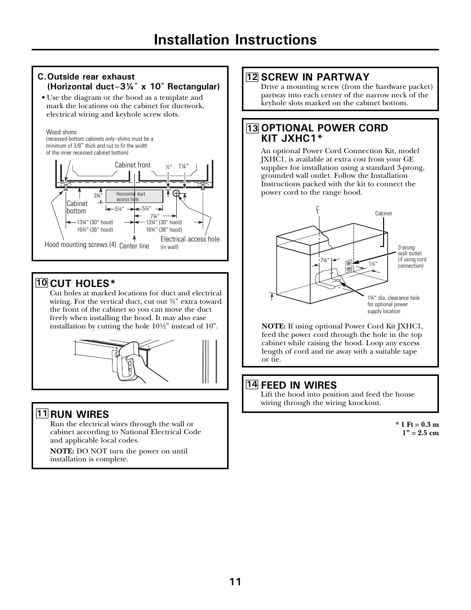 Installation instructions, Run wires, Cut holes | Screw in partway, Optional power cord kit jxhc1, Feed in wires | Moffat 350A4502P5661 User Manual | Page 11 / 15