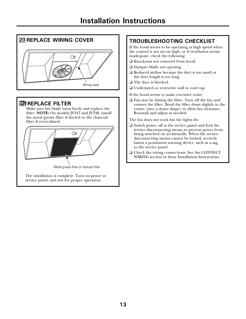 Installation instructions, Troubleshooting checklist, Replace wiring cover | Replace filter | Moffat 350A4502P5661 User Manual | Page 13 / 15