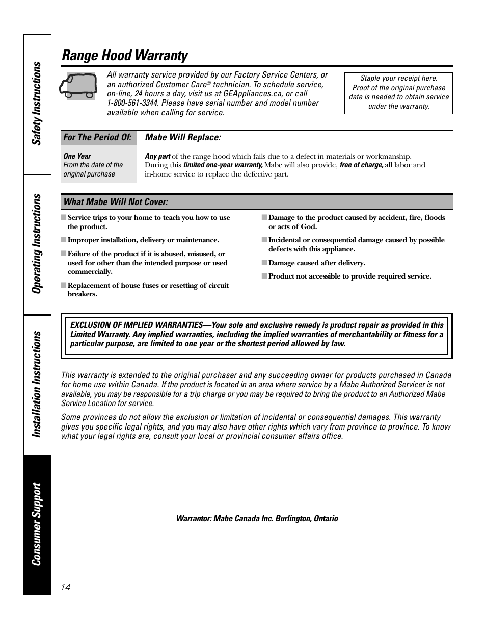 Range hood warranty | Moffat 350A4502P5661 User Manual | Page 14 / 15