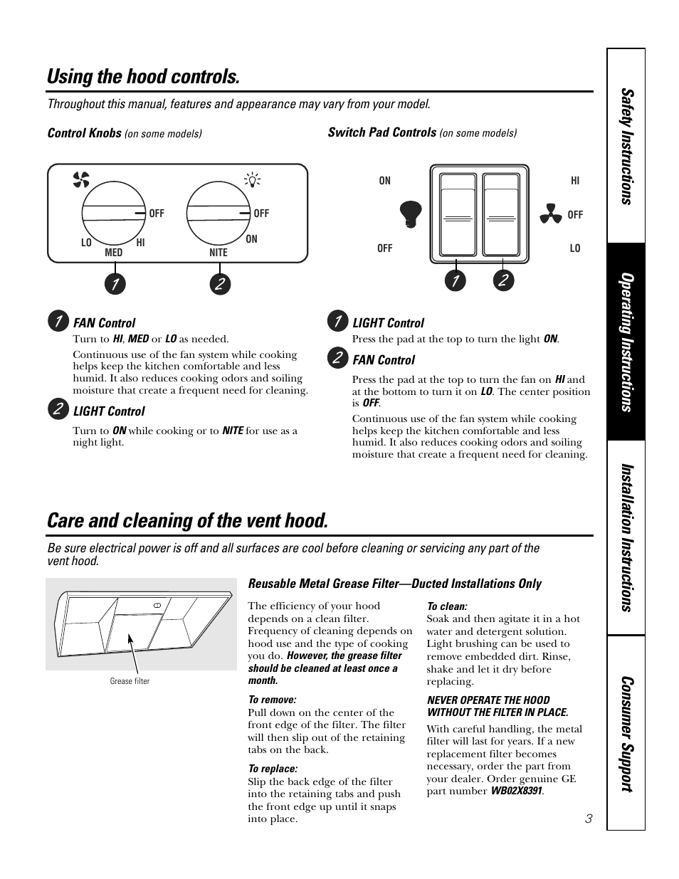 Using the hood controls, Care and cleaning of the vent hood | Moffat 350A4502P5661 User Manual | Page 3 / 15