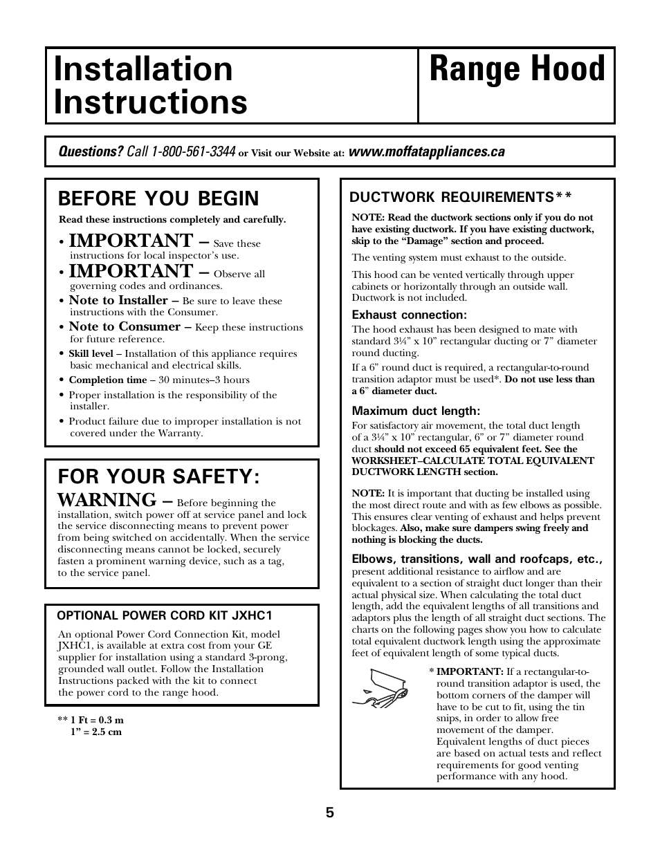 Installation range hood instructions, Before you begin, For your safety | Important, Warning | Moffat 350A4502P5661 User Manual | Page 5 / 15