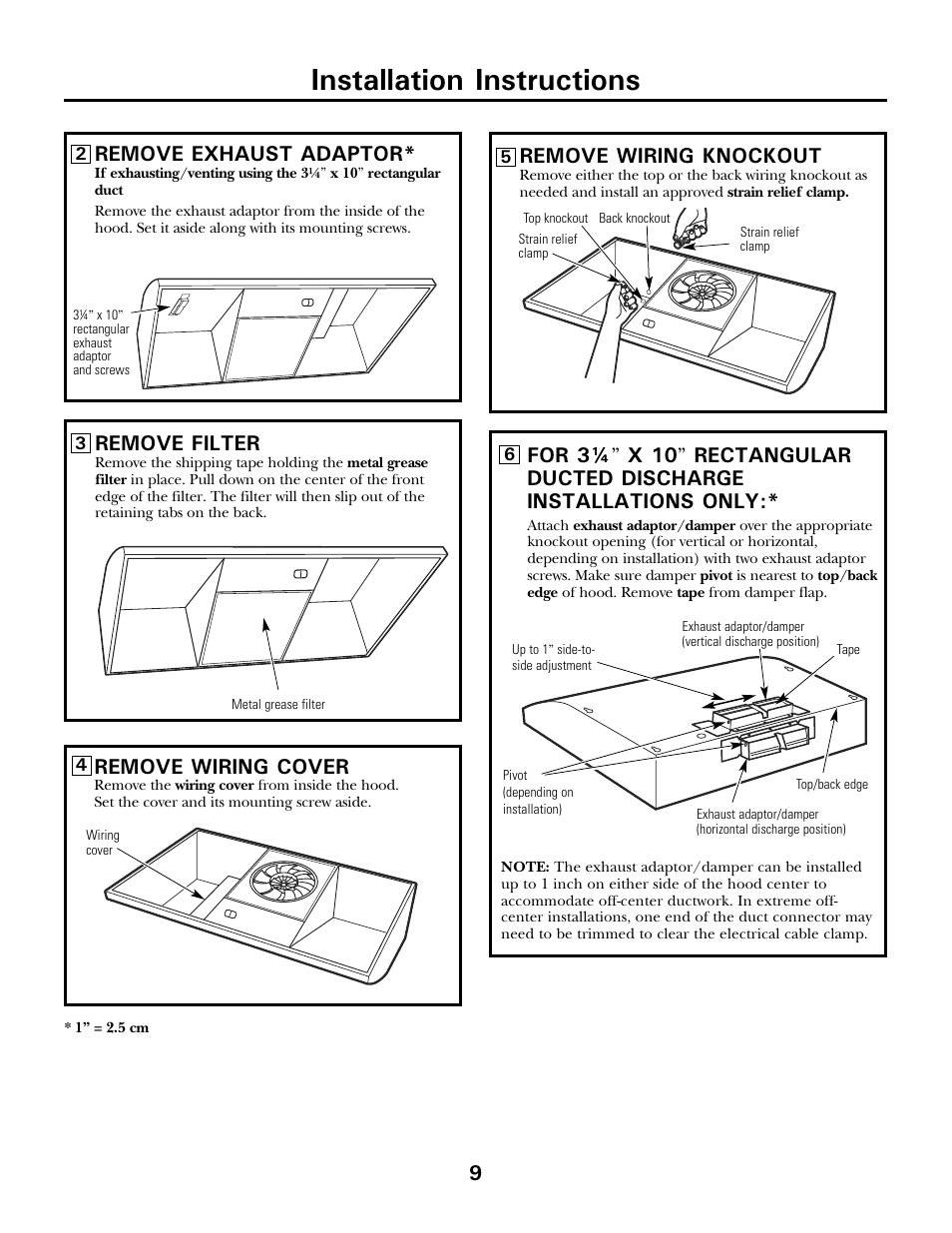 Installation instructions, 9remove exhaust adaptor, Remove filter | Remove wiring cover, Remove wiring knockout | Moffat 350A4502P5661 User Manual | Page 9 / 15