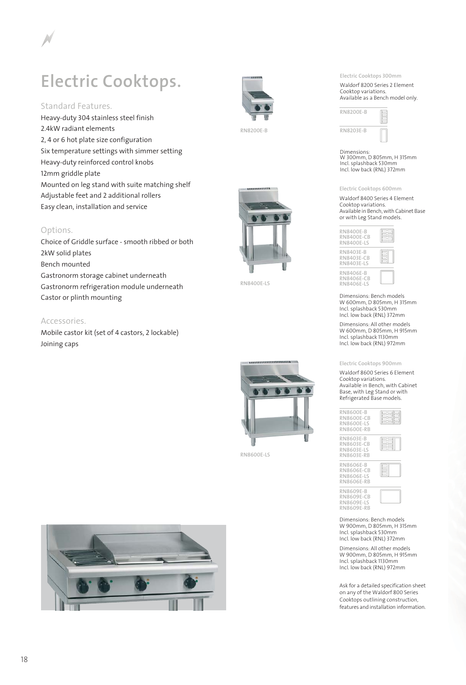 1139 catalogue 14-25-5, Electric cooktops, Standard features | Options, Accessories | Moffat WALDORF 800 User Manual | Page 20 / 52