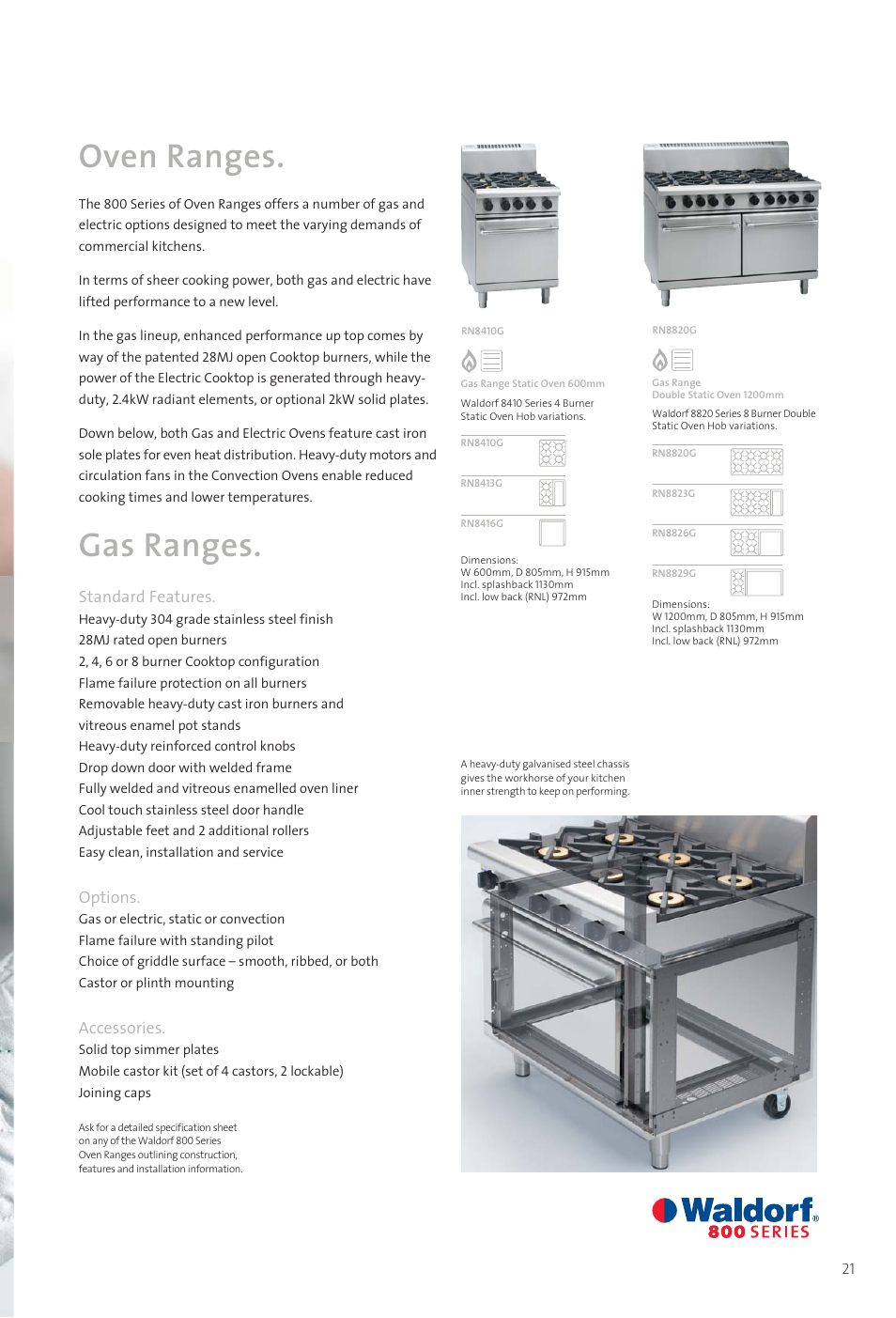 1139 catalogue 14-25-8, Oven ranges, Gas ranges | Standard features, Options, Accessories | Moffat WALDORF 800 User Manual | Page 23 / 52