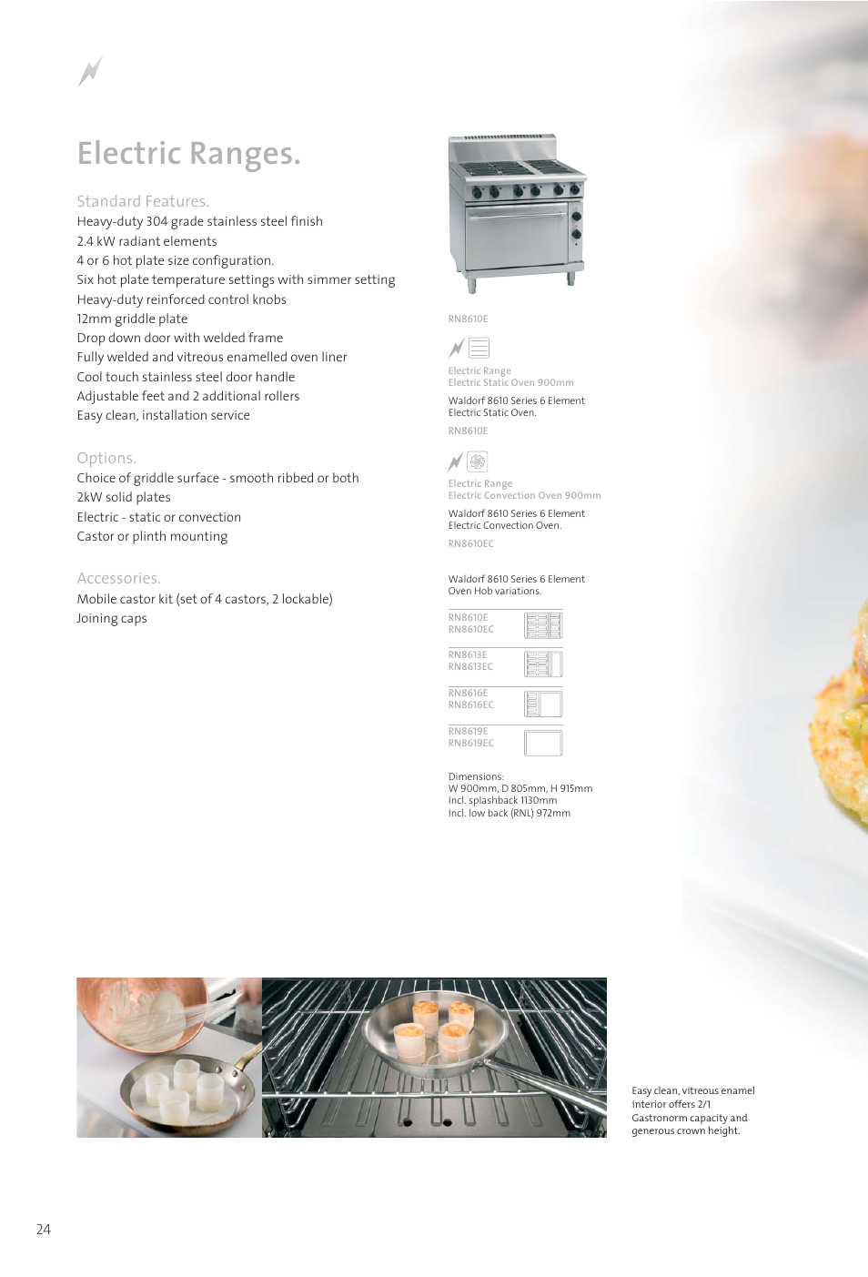 1139 catalogue 14-25-11, Electric ranges, Standard features | Options, Accessories | Moffat WALDORF 800 User Manual | Page 26 / 52