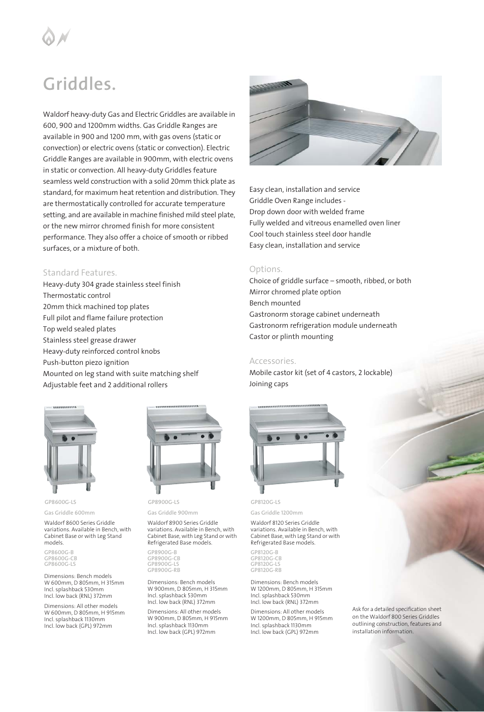 1139 catalogue 26-37-3, Griddles, Standard features | Options, Accessories | Moffat WALDORF 800 User Manual | Page 30 / 52