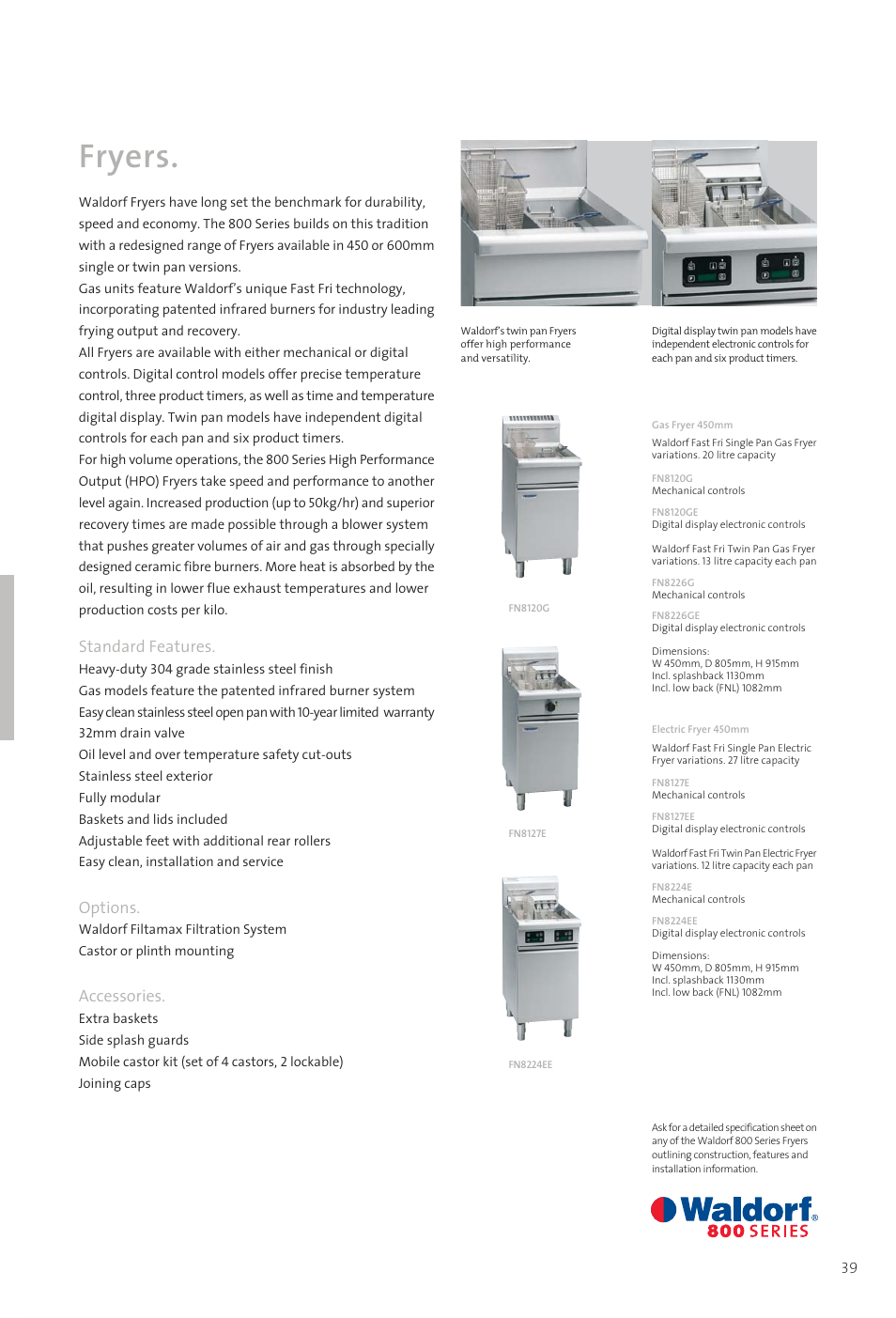 1139 catalogue 38-bc-2, Fryers, Standard features | Options, Accessories | Moffat WALDORF 800 User Manual | Page 41 / 52