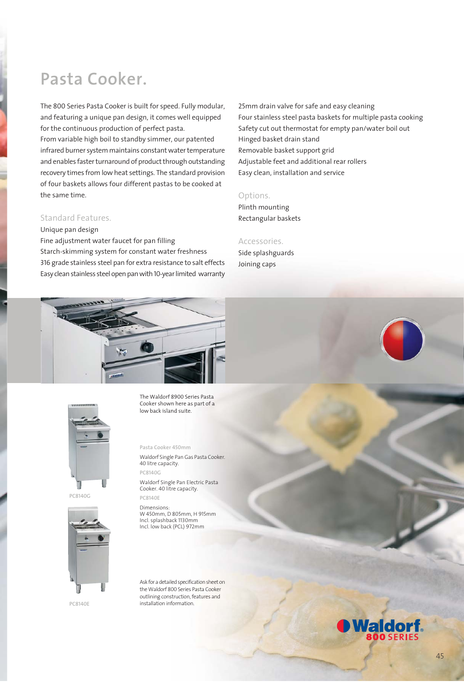 1139 catalogue 38-bc-8, Pasta cooker, Standard features | Options, Accessories | Moffat WALDORF 800 User Manual | Page 47 / 52