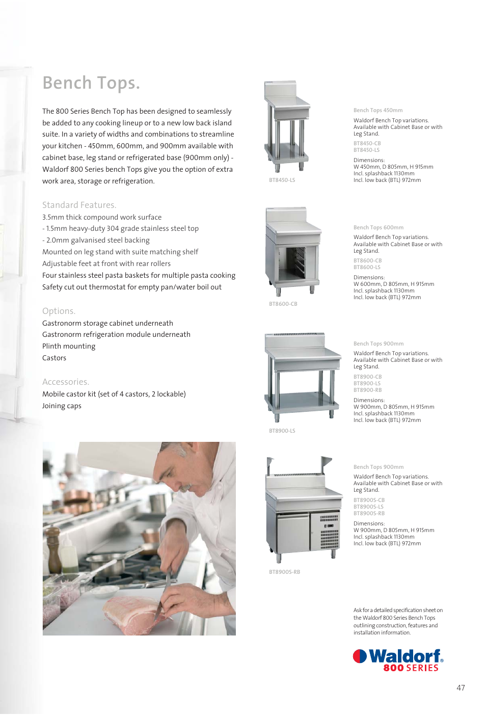 1139 catalogue 38-bc-10, Bench tops, Standard features | Options, Accessories | Moffat WALDORF 800 User Manual | Page 49 / 52