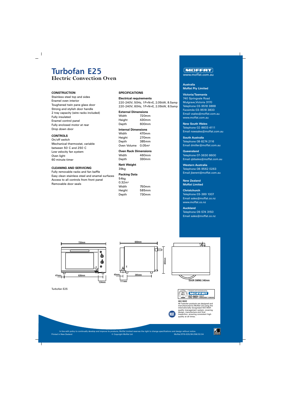 Turbofan e25, Electric convection oven | Moffat Turbofan E25 User Manual | Page 2 / 2
