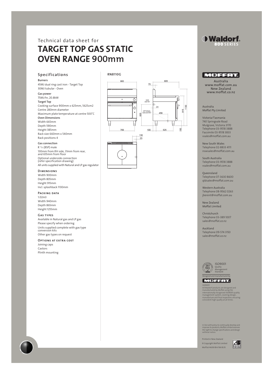 Target top gas static oven range 900mm, Technical data sheet for, Specifications | Moffat WALDORF RN8110G User Manual | Page 2 / 2