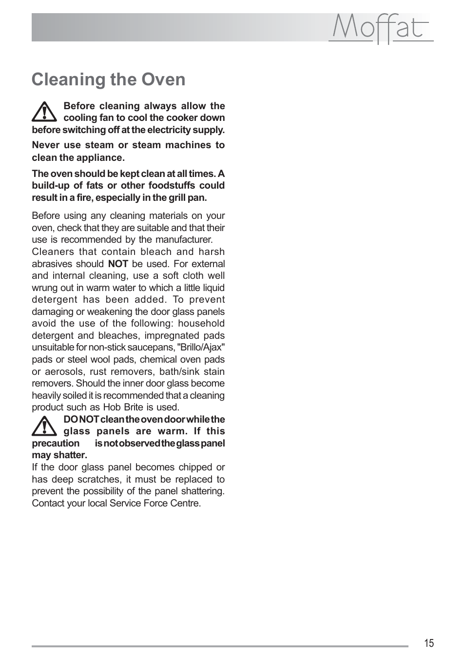 Cleaning the oven | Moffat MSF 616 User Manual | Page 15 / 24