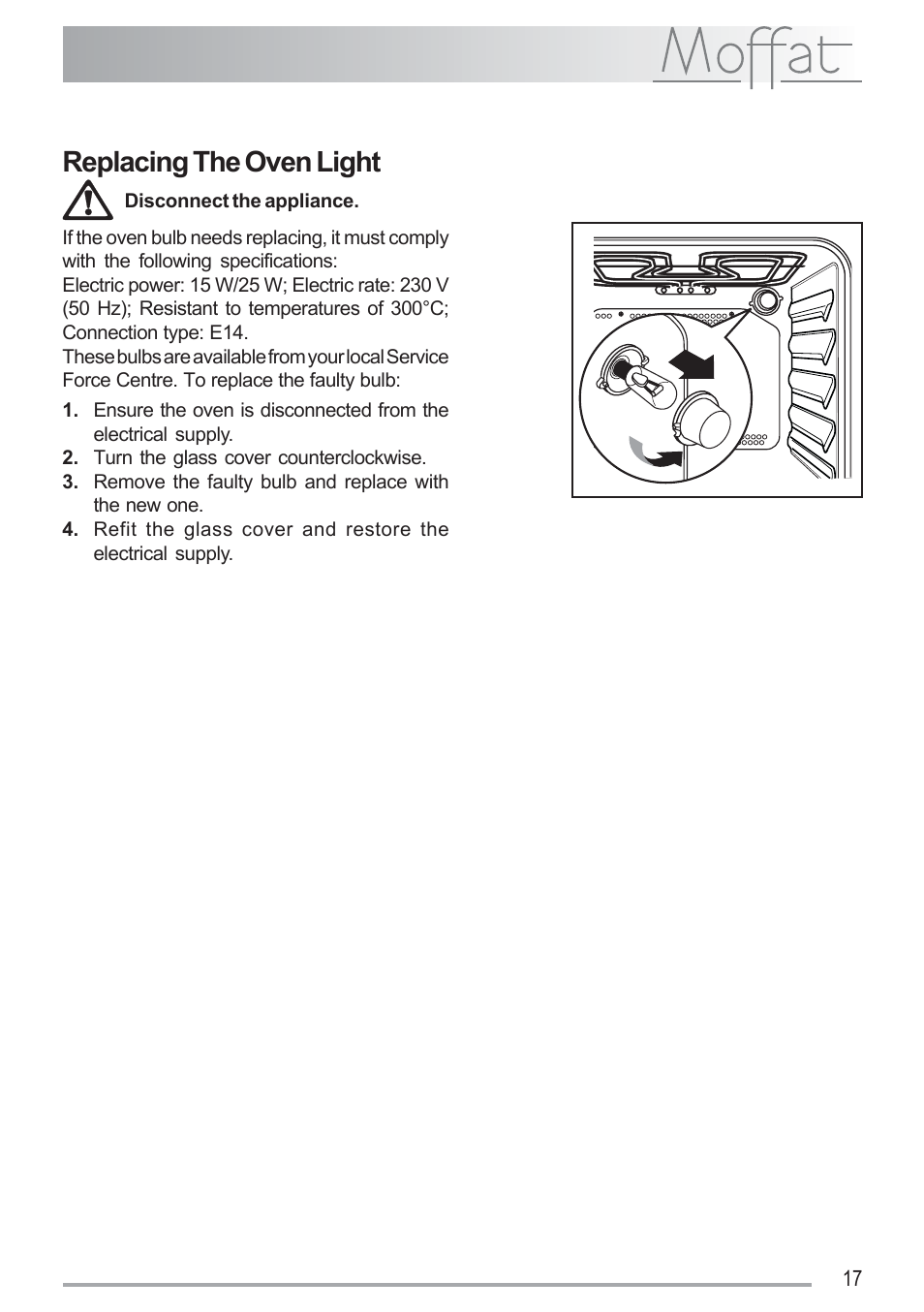 Replacing the oven light | Moffat MSF 616 User Manual | Page 17 / 24